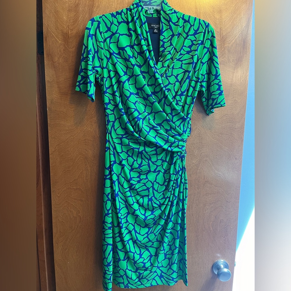 Nine West Blue & Green Print Side-Ruched Dress